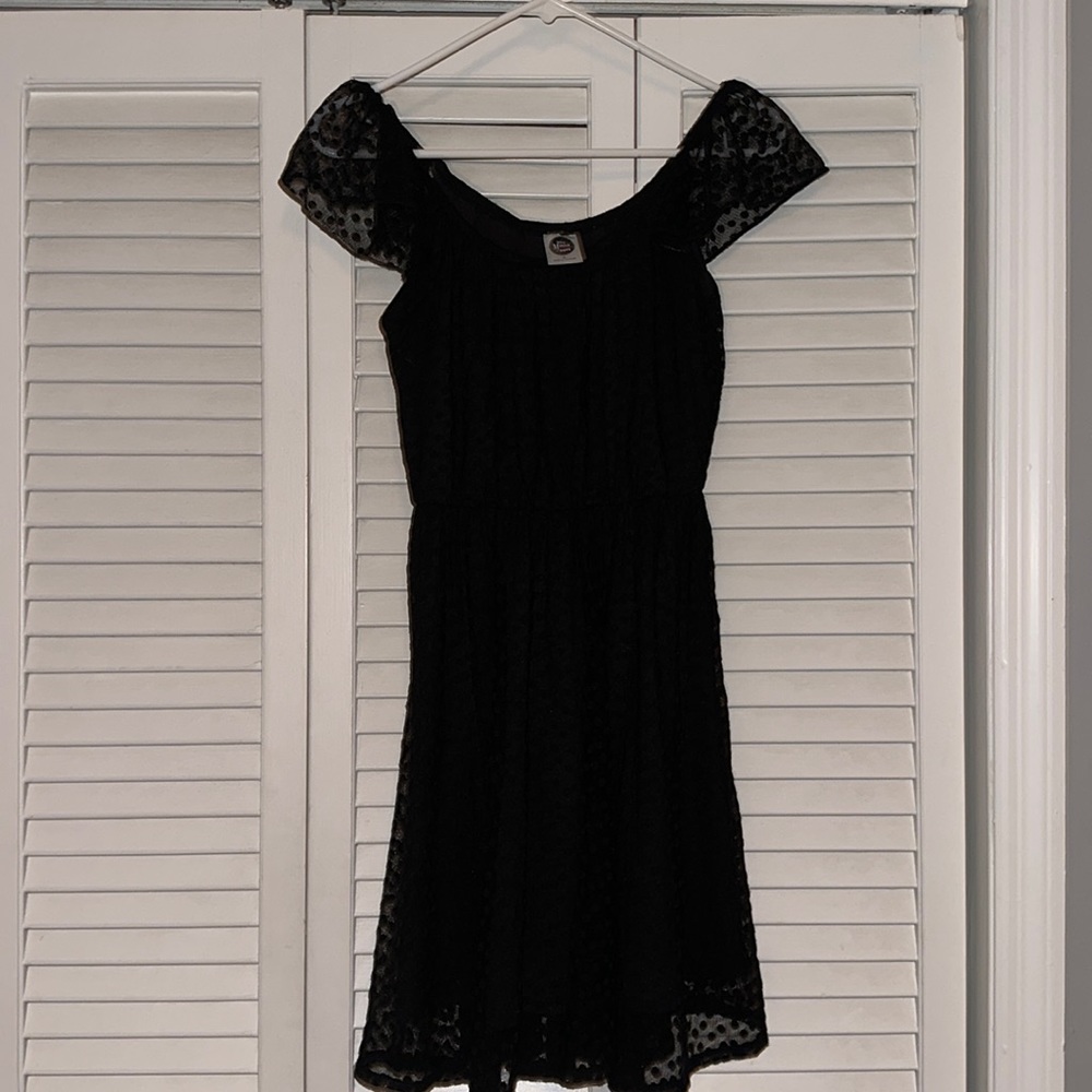 black polka dot overlay mini dress